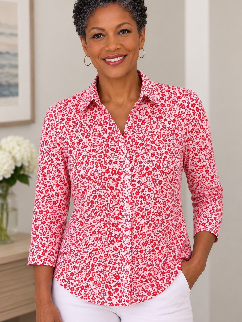 Talbots Red and White Floral Button-Down Blouse